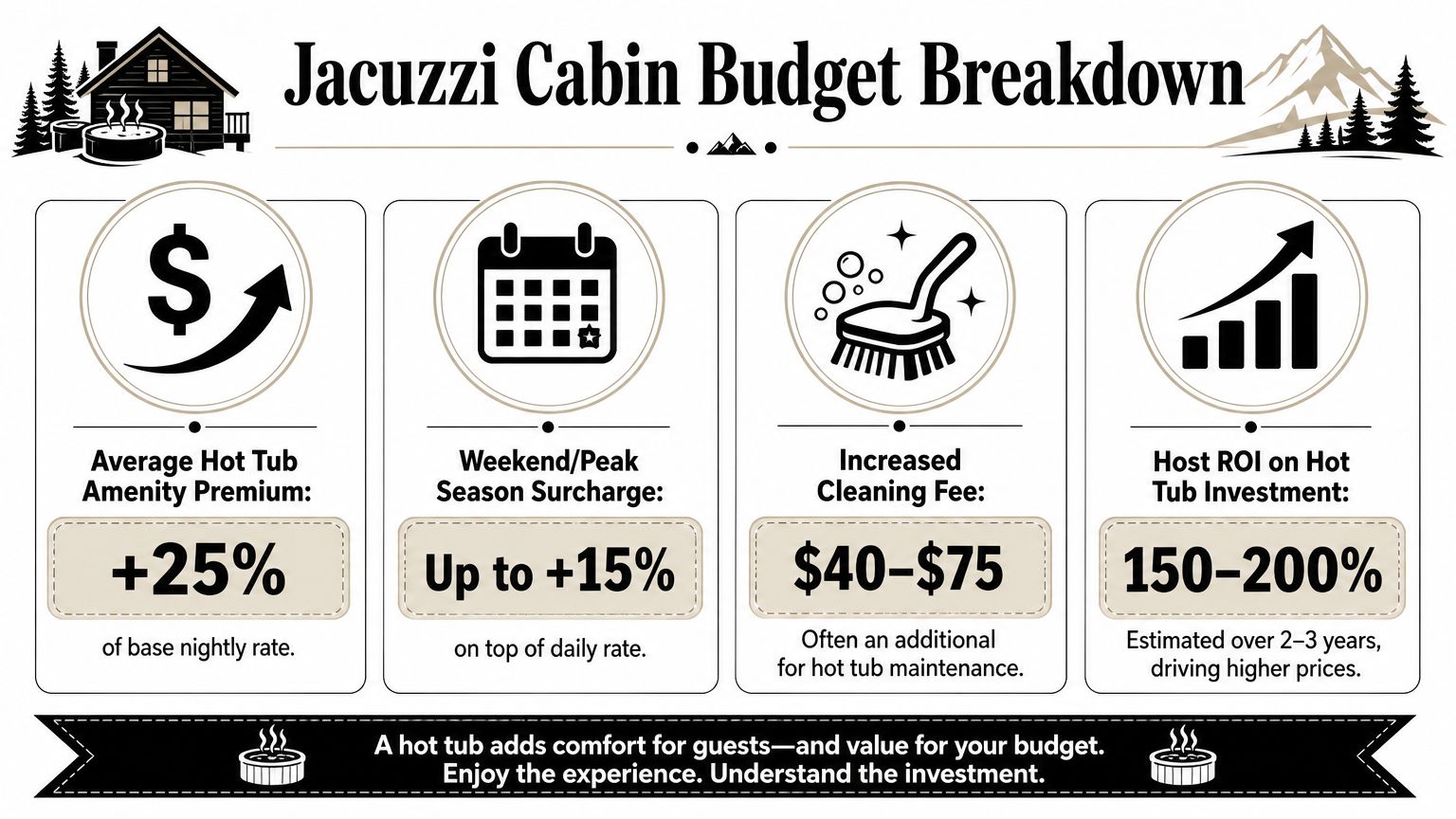 A budget breakdown infographic detailing the costs and ROI of adding a hot tub to a rental cabin.