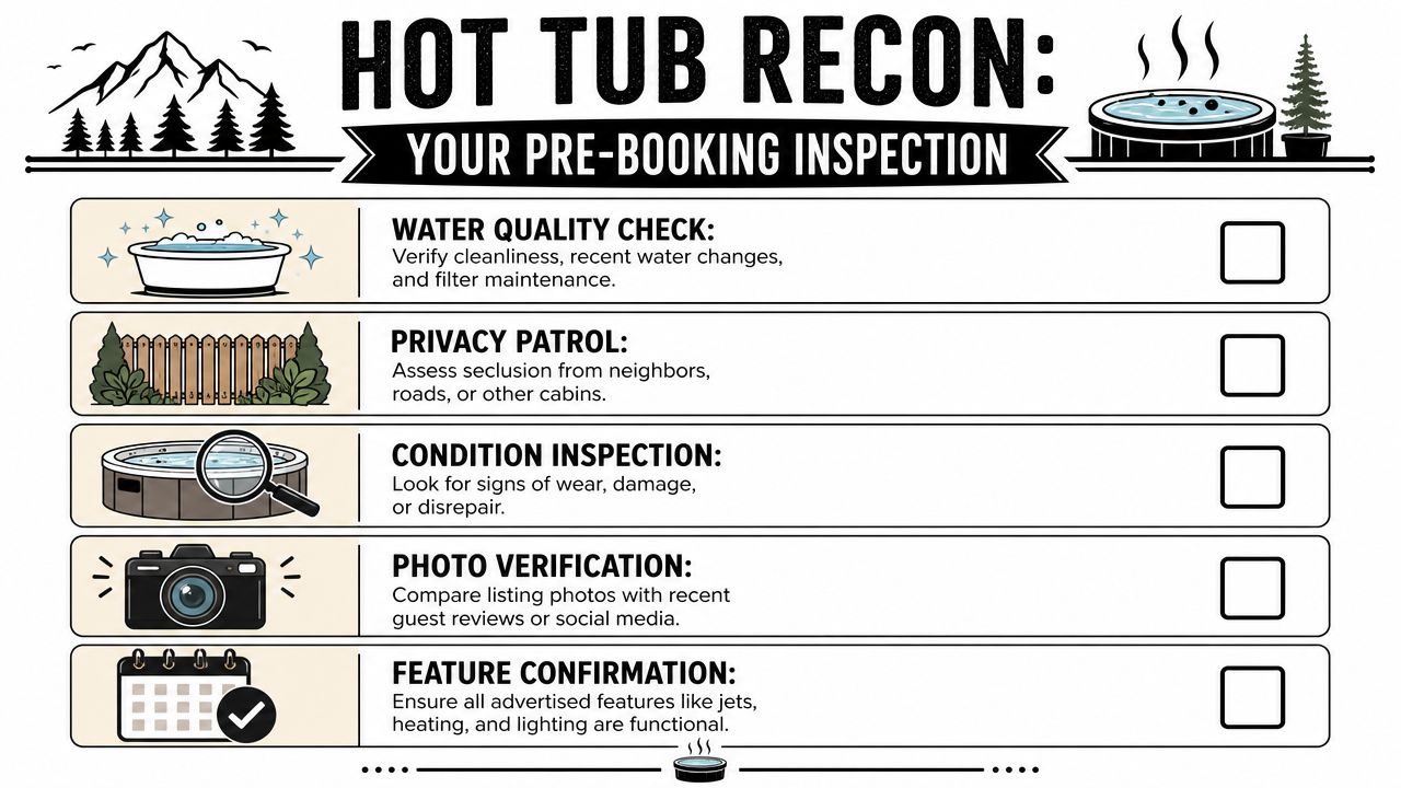 A checklist titled Hot Tub Recon for inspecting cabin hot tubs before booking a vacation rental.