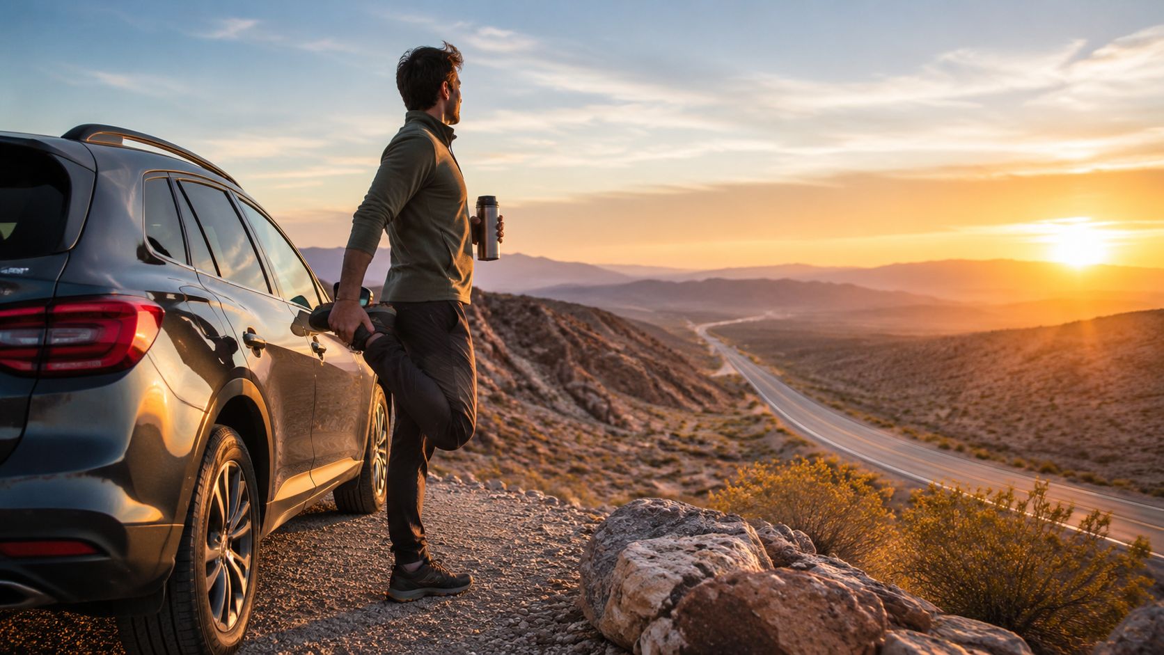 A man stretching his leg while holding a travel mug next to his car during a sunset roadtrip.
