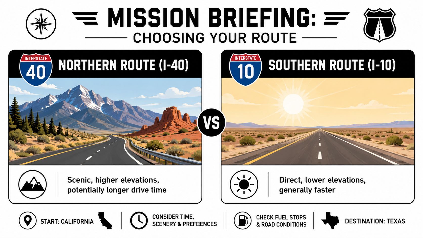 A travel comparison chart for driving from California to Texas via I-40 or I-10 routes.
