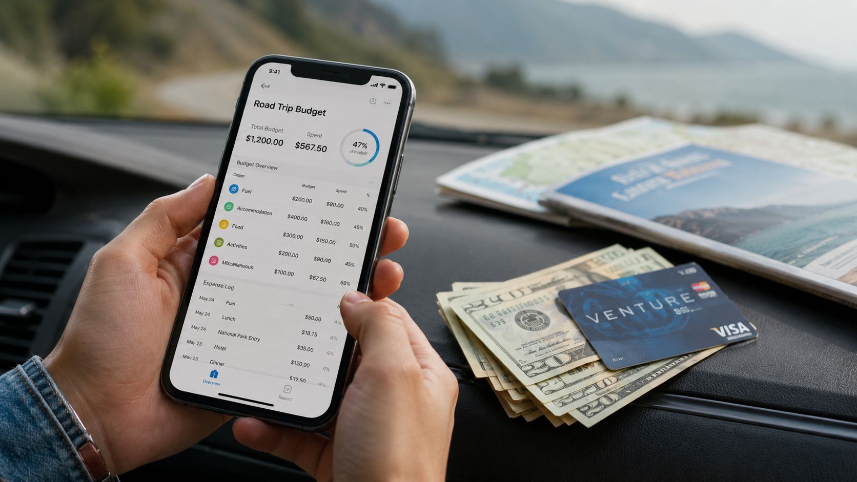 A person holding a smartphone showing a road trip budget app with cash and a credit card nearby.