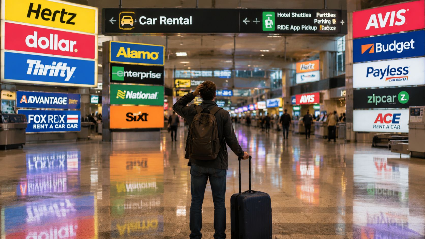 A traveler with luggage stands in an airport terminal surrounded by various car rental company signs.