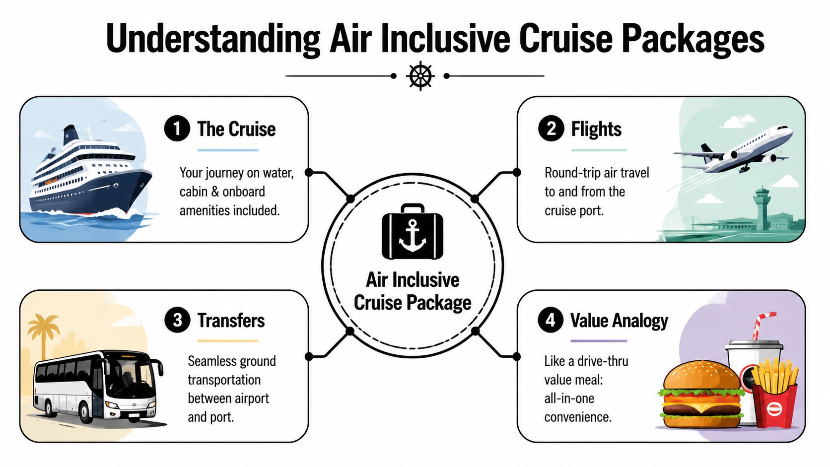 An infographic explaining the components of an air inclusive cruise package including travel, flights, and transfers.