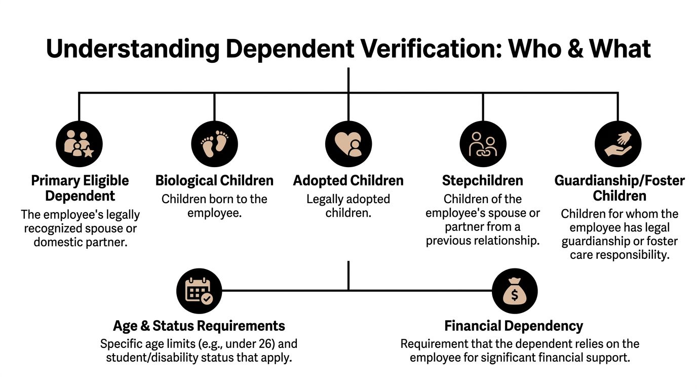 A diagram outlining dependent eligibility verification for employees, detailing types of dependents and their requirements.