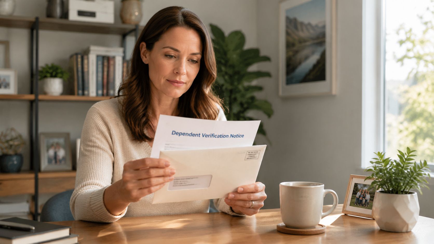 A focused woman reviews a dependent verification notice letter while sitting at her home office desk.