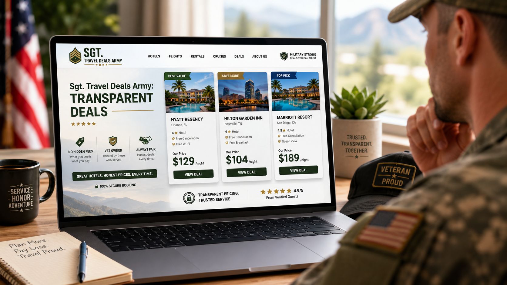 A service member browsing a military-focused travel website for discounted hotel deals on a laptop.