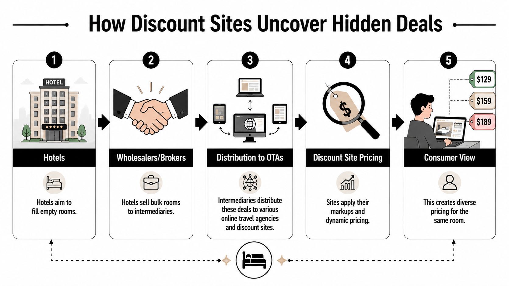 An infographic illustrating how discount travel sites obtain and distribute hotel room deals to consumers.