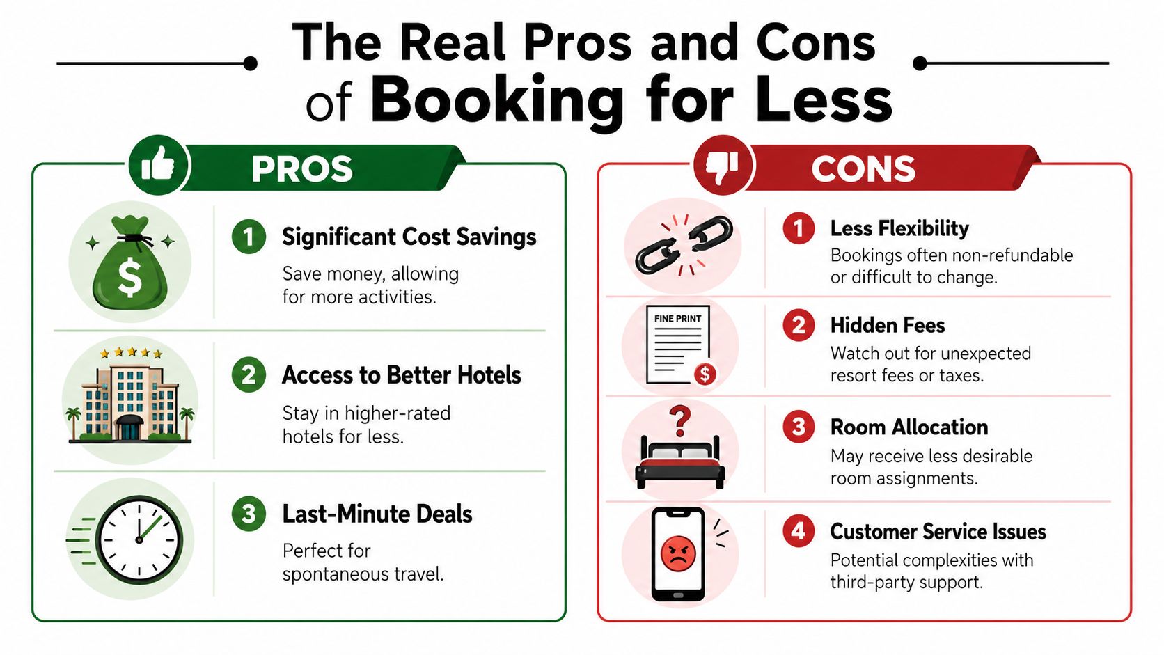 A visual comparison infographic highlighting the pros and cons of using discount hotel booking websites for travel.