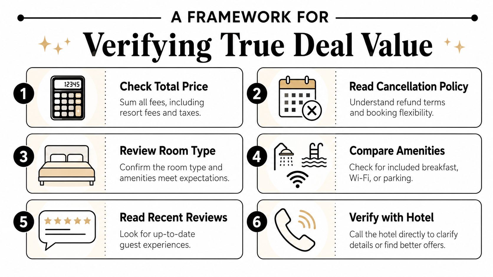 A six-step guide infographic for verifying the true value of hotel deals when booking online.
