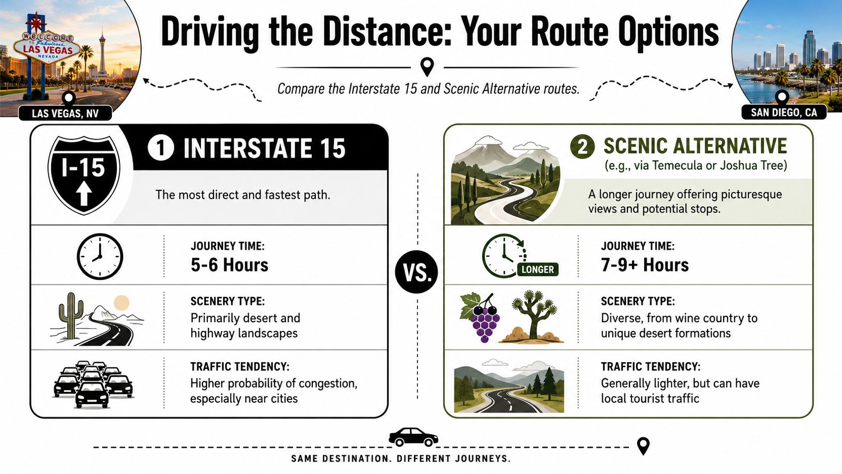 A comparison infographic showing the direct Interstate 15 route versus a longer scenic road trip option.
