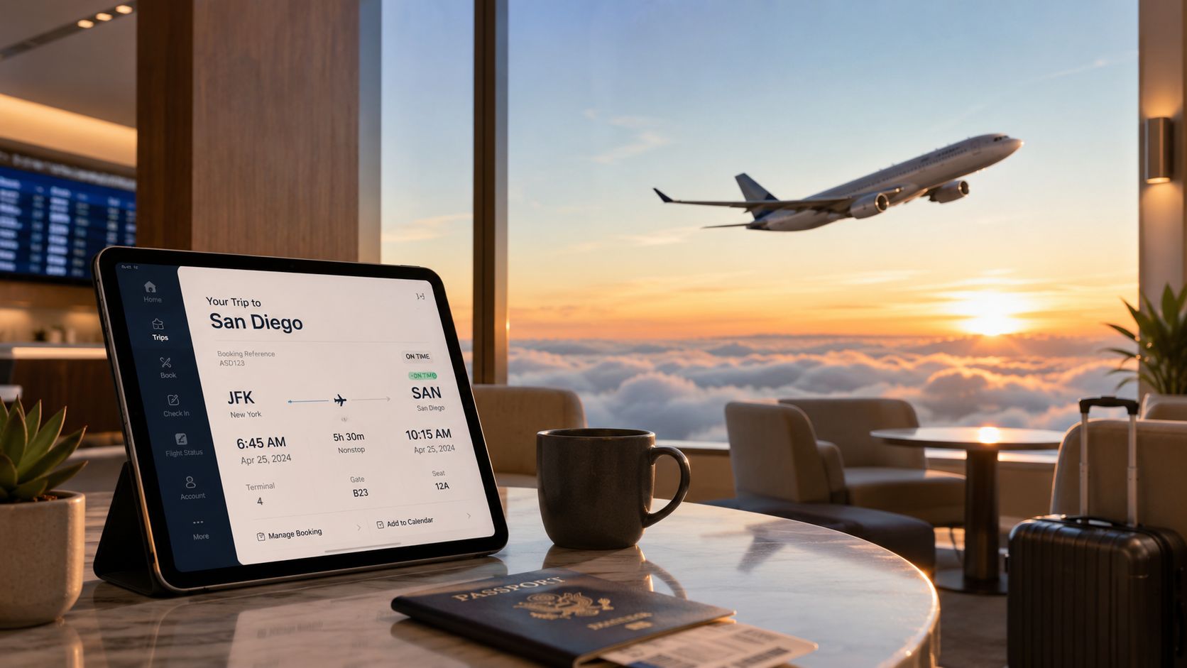 A digital tablet displaying flight details to San Diego next to a passport and coffee at sunset.