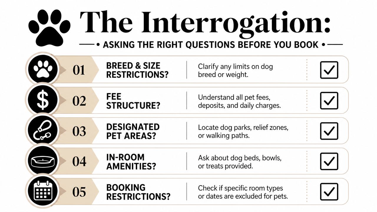 A checklist infographic titled The Interrogation outlining five essential questions to ask when booking dog friendly lodging.