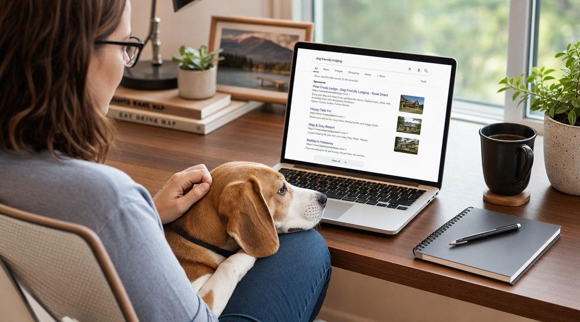 A young woman pets her beagle while browsing for dog friendly lodging options on her laptop.