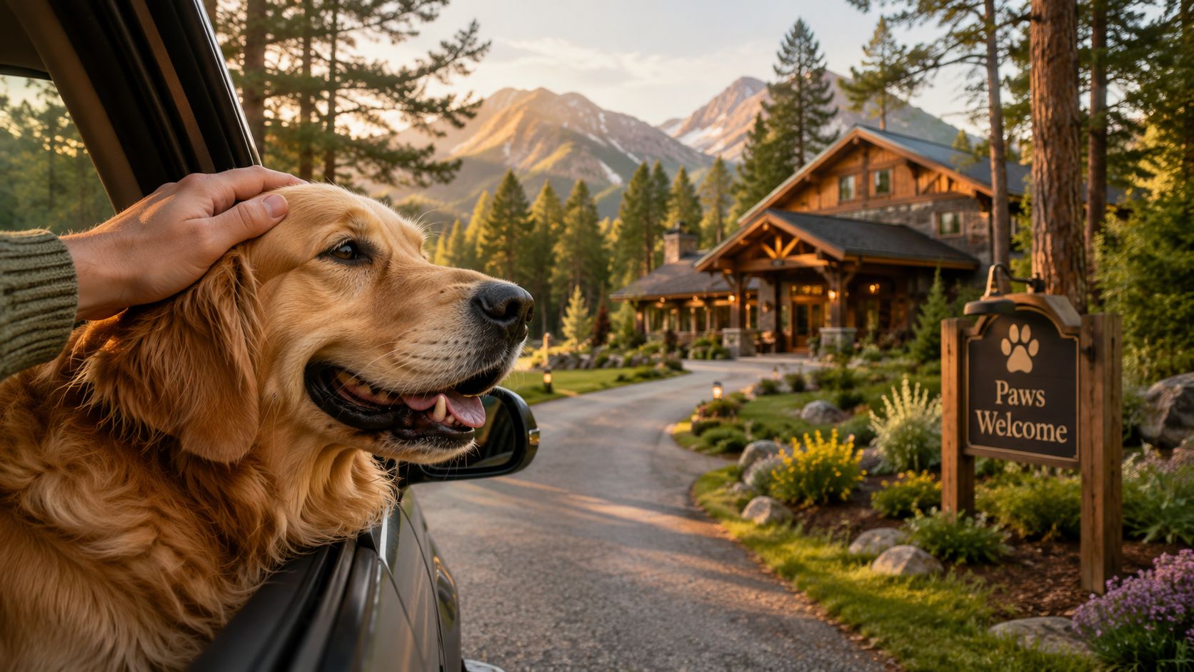 A golden retriever leans out of a car window towards a pet friendly mountain lodge destination.