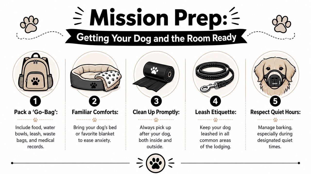 An infographic titled Mission Prep offering five tips for preparing your dog for friendly hotel lodging.