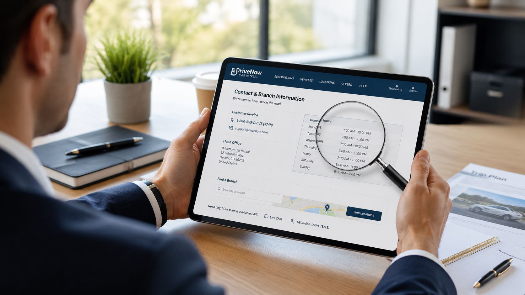 A businessman viewing car rental enterprise hours of operation on a tablet computer with a magnifying glass.