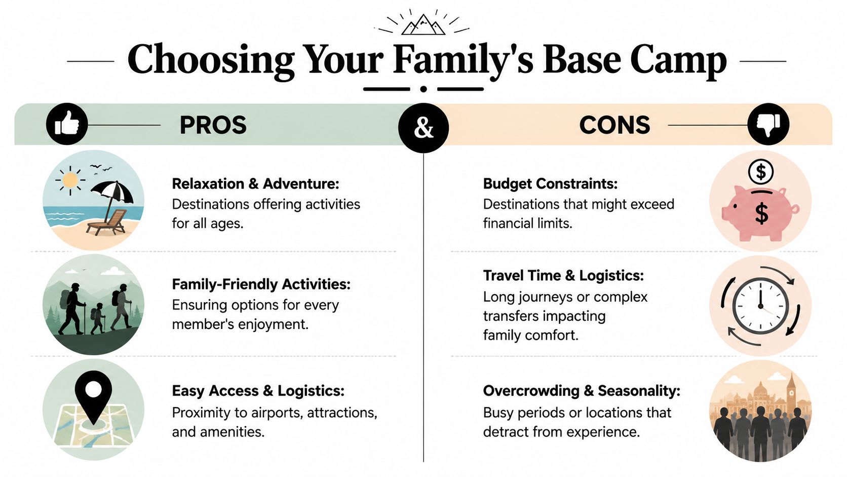 An infographic comparing the pros and cons of choosing a family vacation base camp destination.