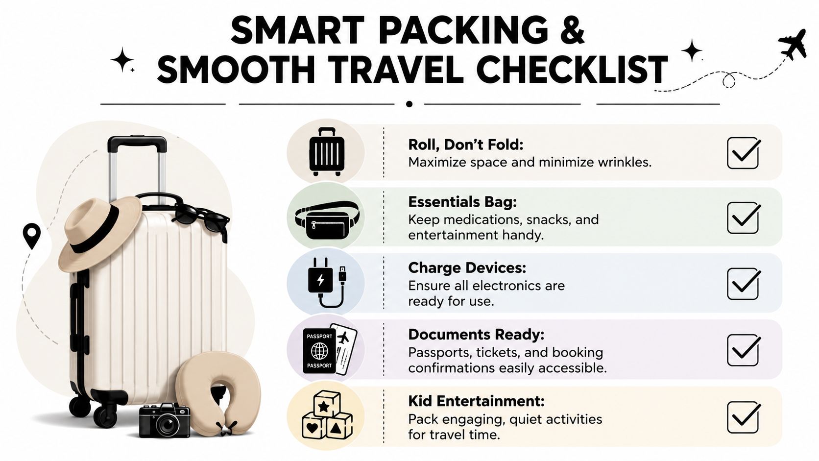 A travel checklist graphic featuring a suitcase, accessories, and five essential tips for organized family packing.