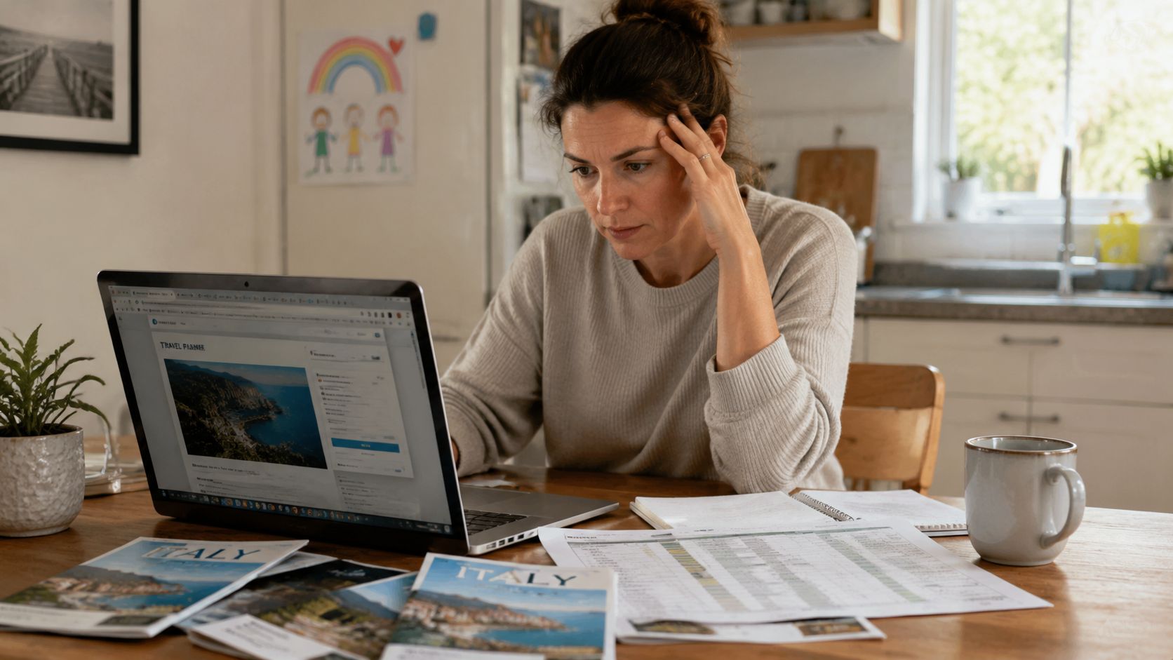 A woman looks stressed while planning a family vacation on her laptop at a kitchen table.