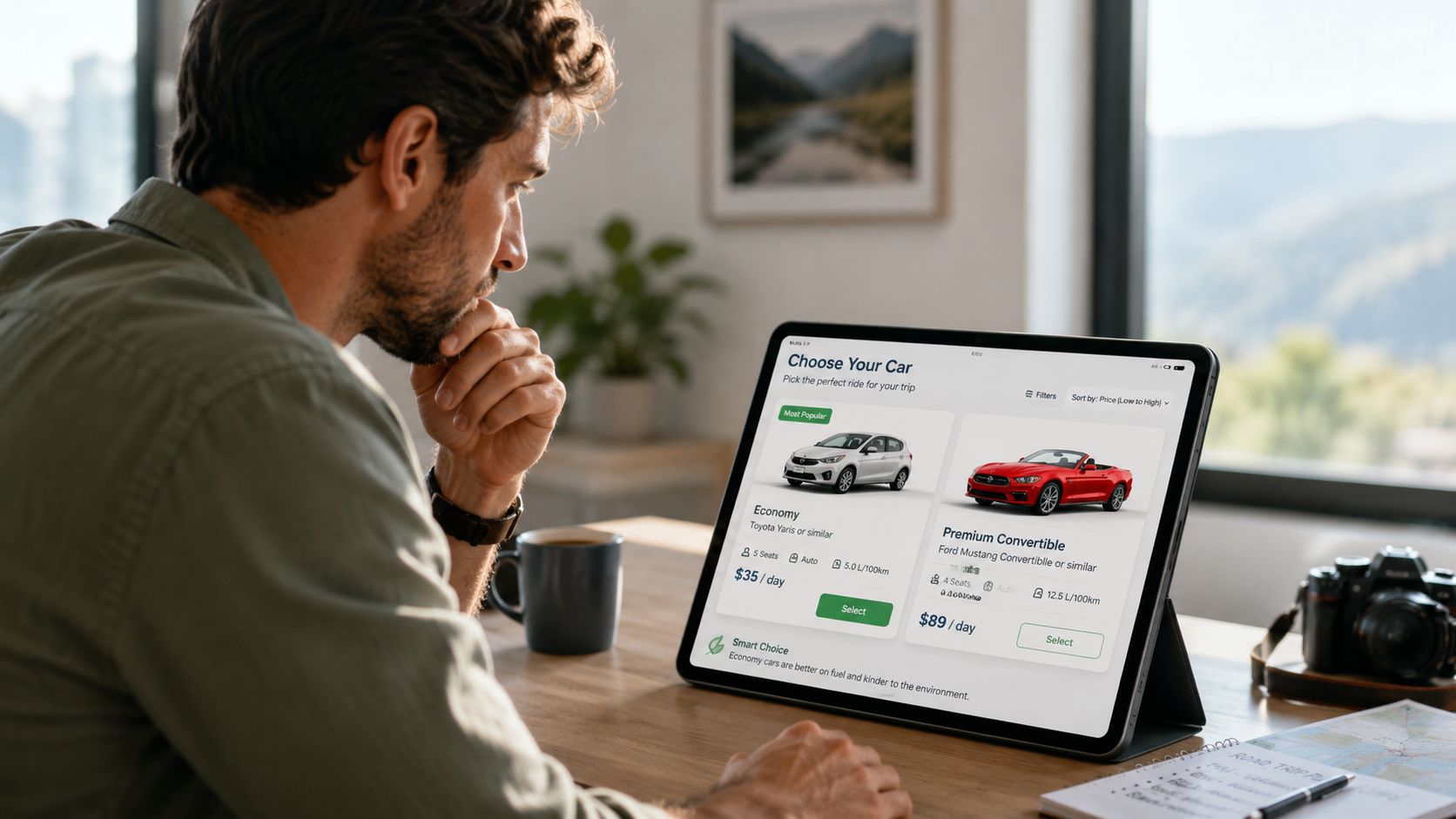 A man thoughtfully looking at a tablet screen displaying a car rental booking website.
