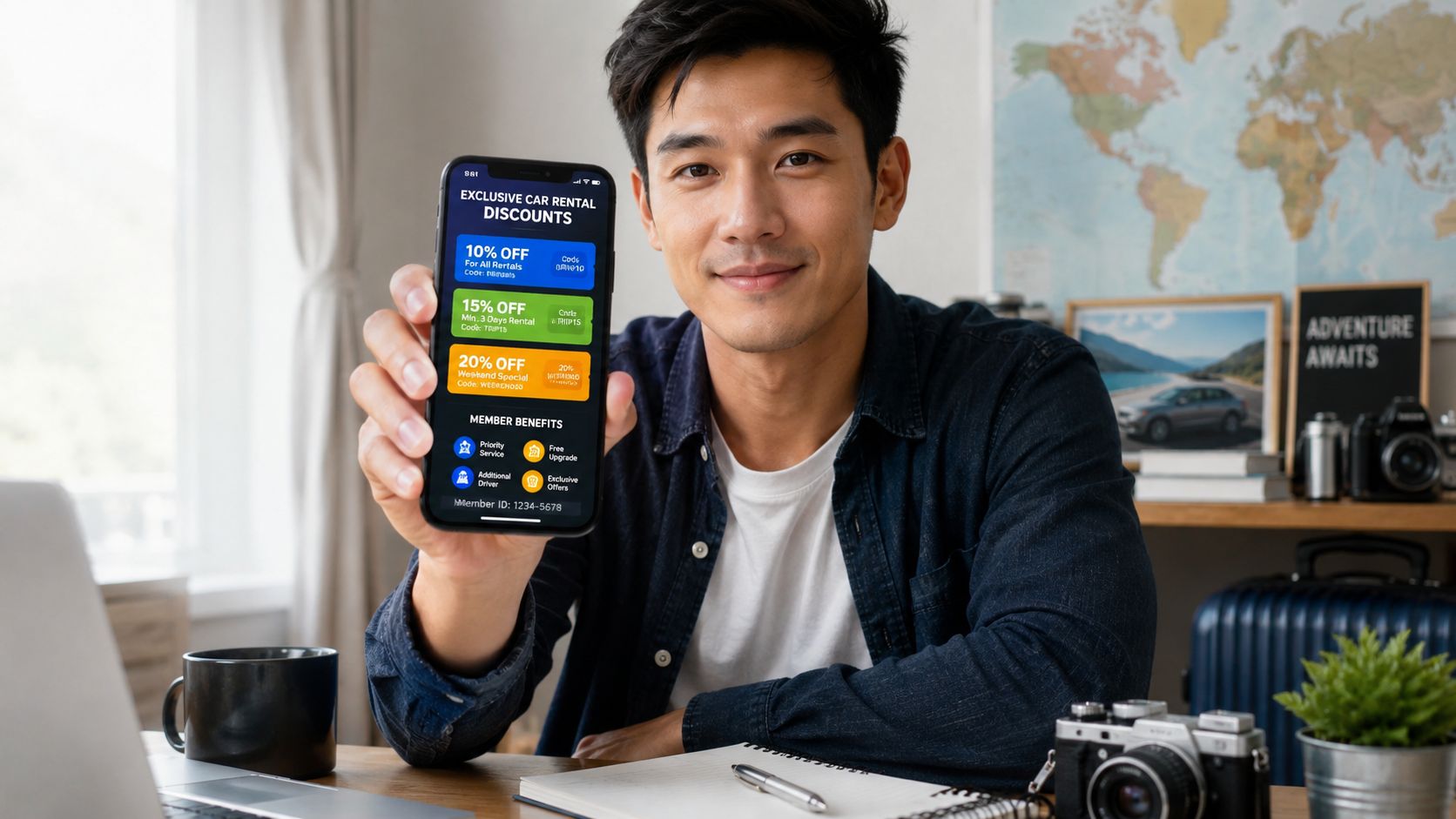 A young Asian man smiles while displaying car rental discount coupons on his smartphone screen at home.