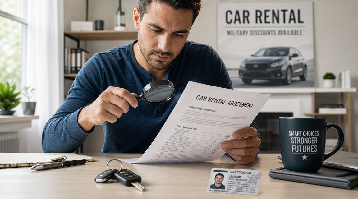A man carefully examining a car rental agreement with a magnifying glass at his desk.