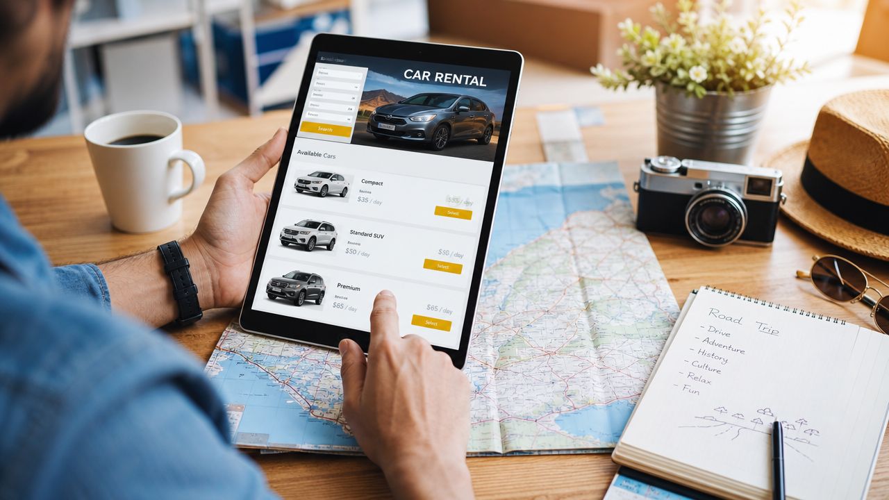 A person using a tablet to book a car rental for a trip while planning on a map.