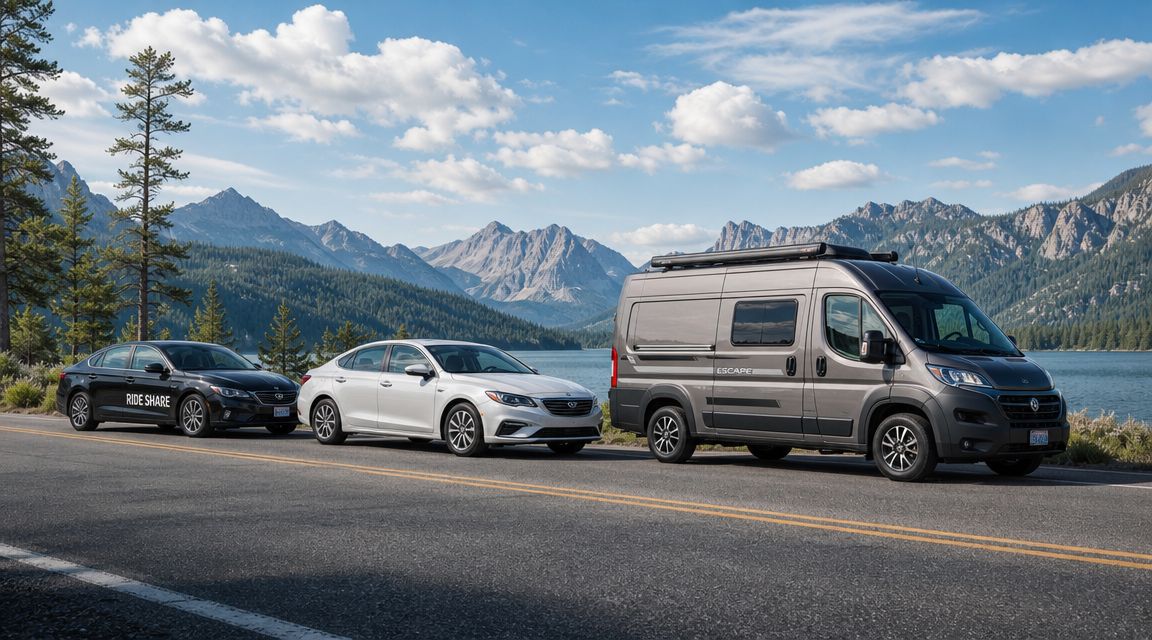 A black ride share sedan, a white sedan, and a grey camper van parked on a scenic road.