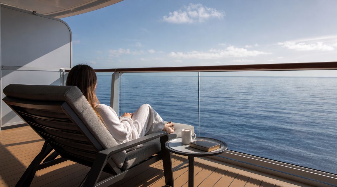 A woman in a robe relaxes on a cruise ship balcony overlooking the calm blue ocean.