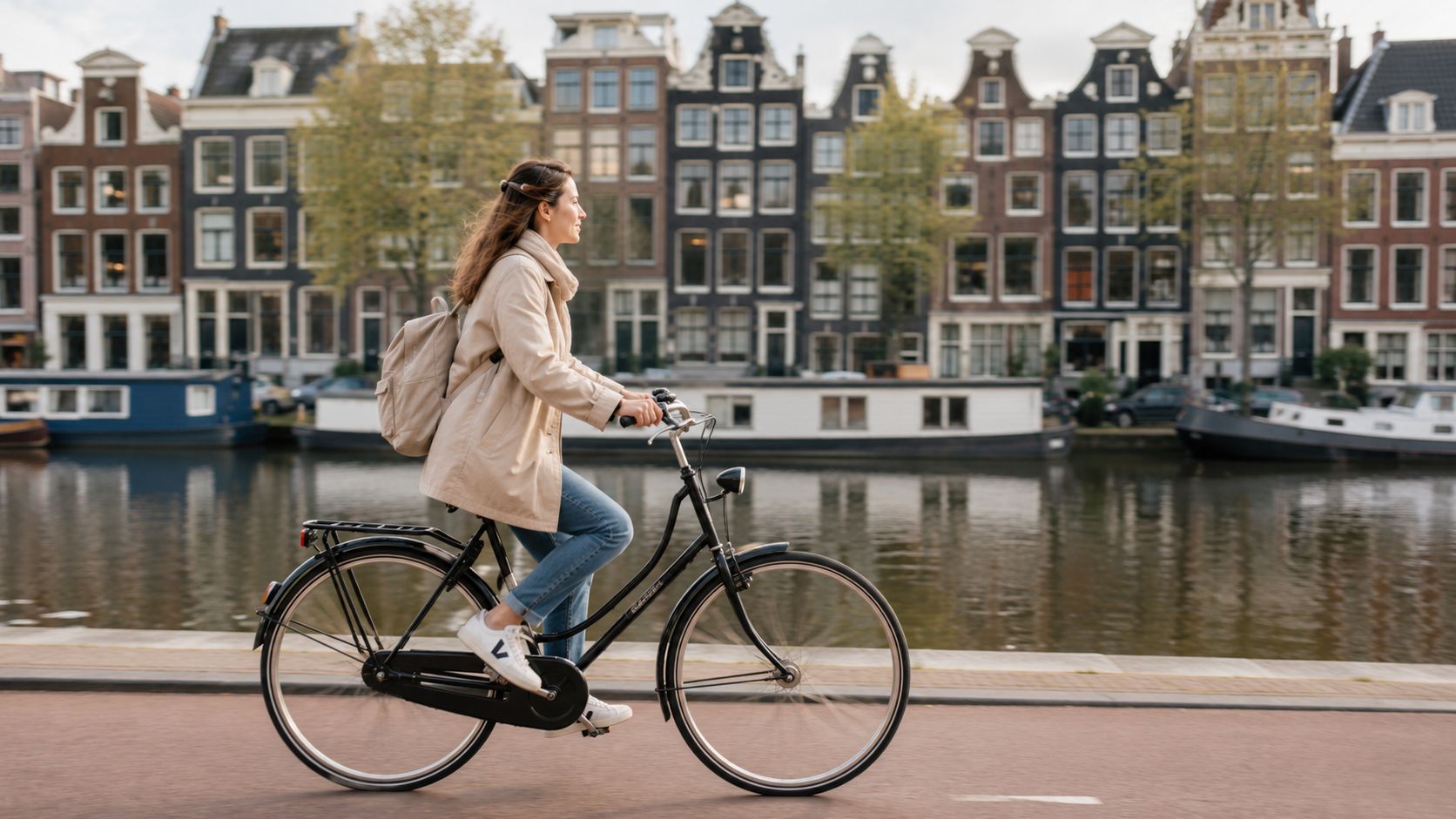 A young woman riding a bicycle along a scenic canal in Amsterdam on a cloudy day.