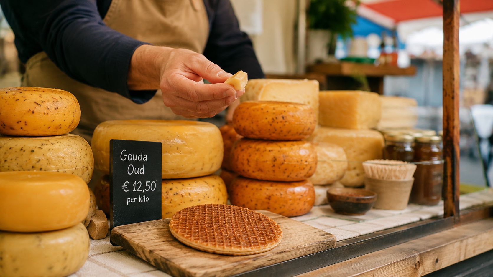 A vendor offers a sample of aged Gouda cheese at an outdoor market stall in Amsterdam.