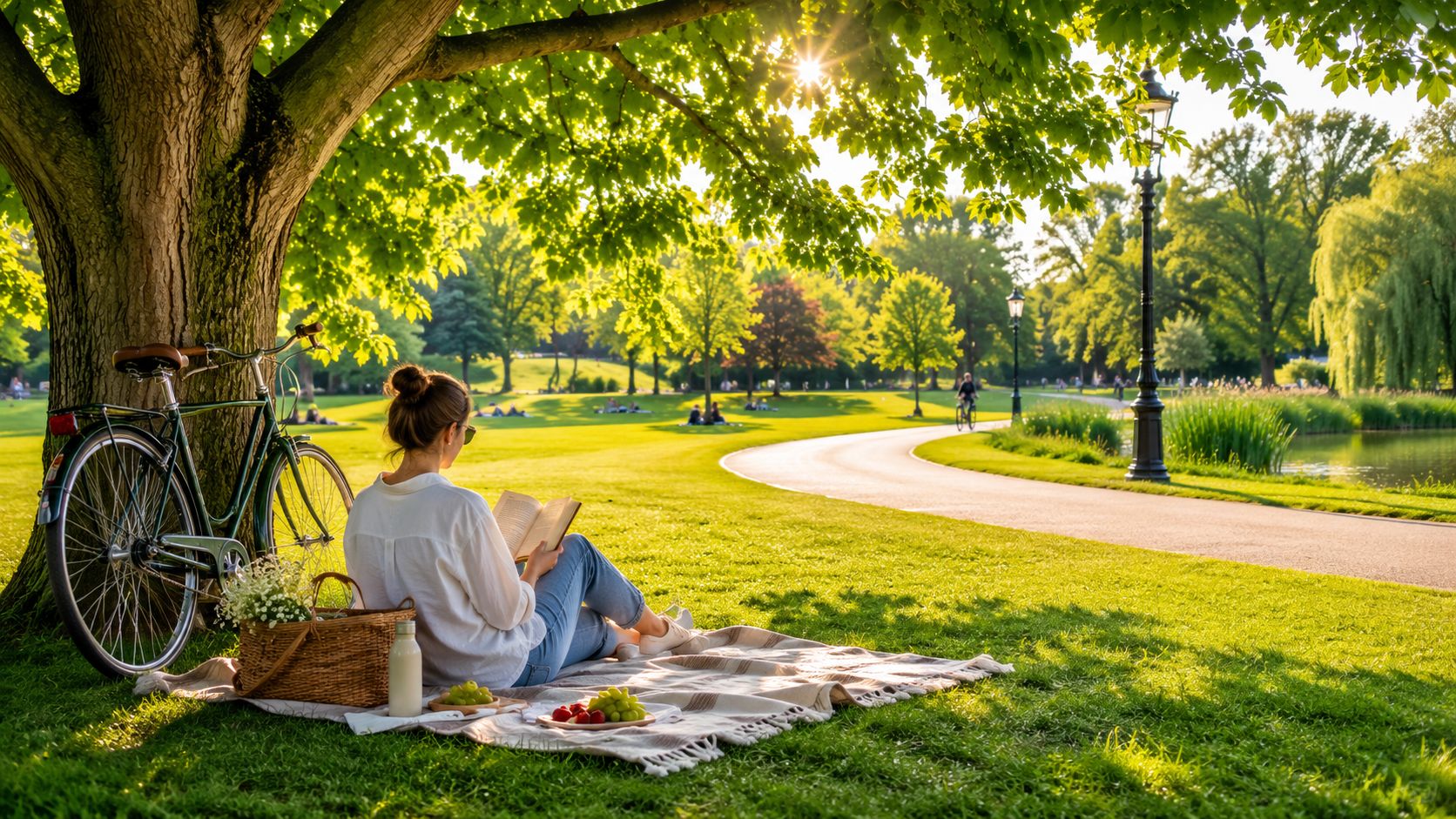A woman reads a book on a picnic blanket under a tree in an Amsterdam park.