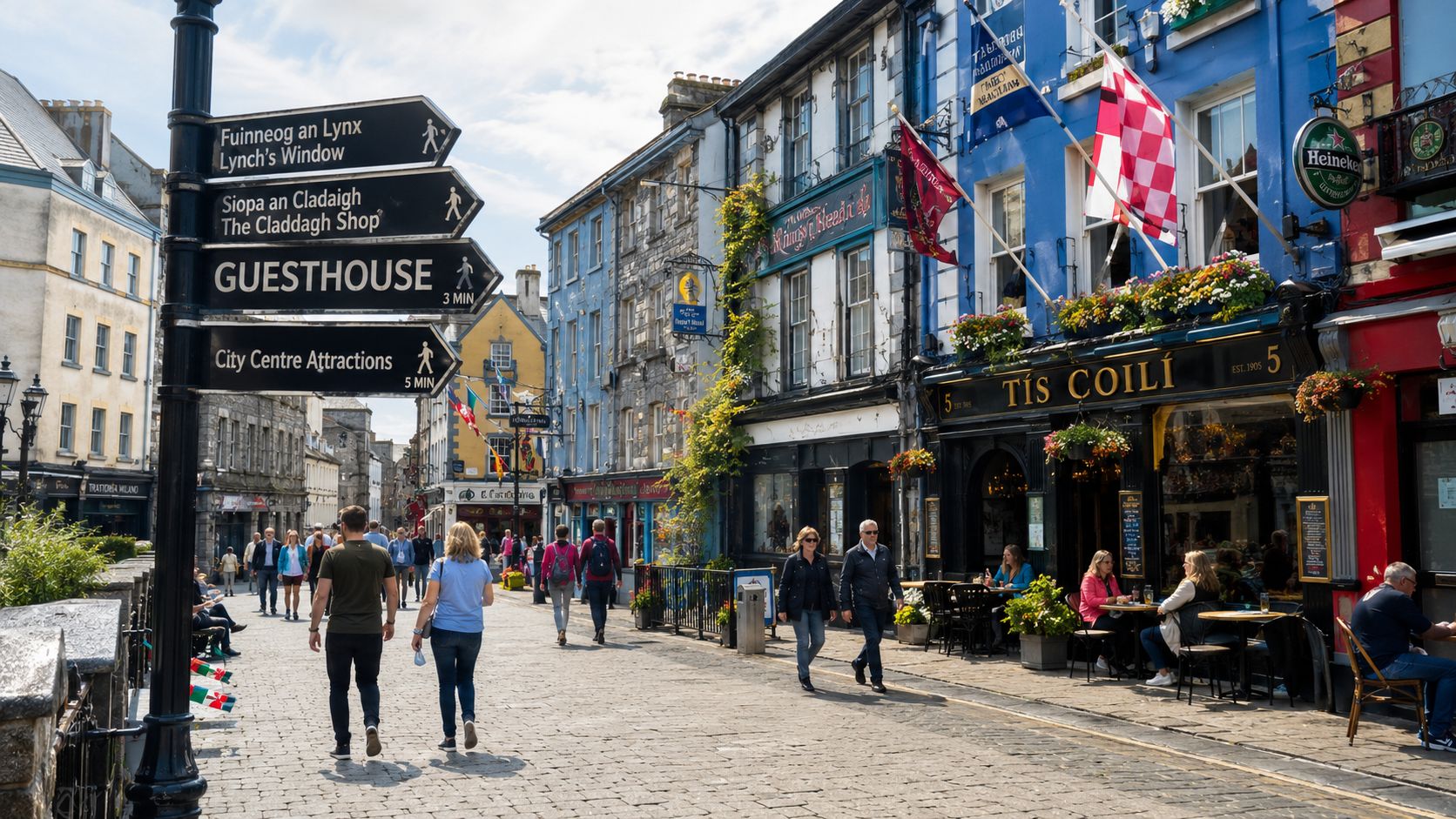 Pedestrians walk down a cobblestone street in Galway city, Ireland, past local pubs and directional signposts.