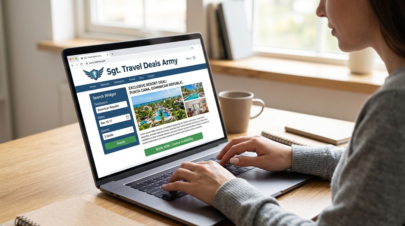 A woman typing on a laptop looking at an all inclusive resort travel deal website.