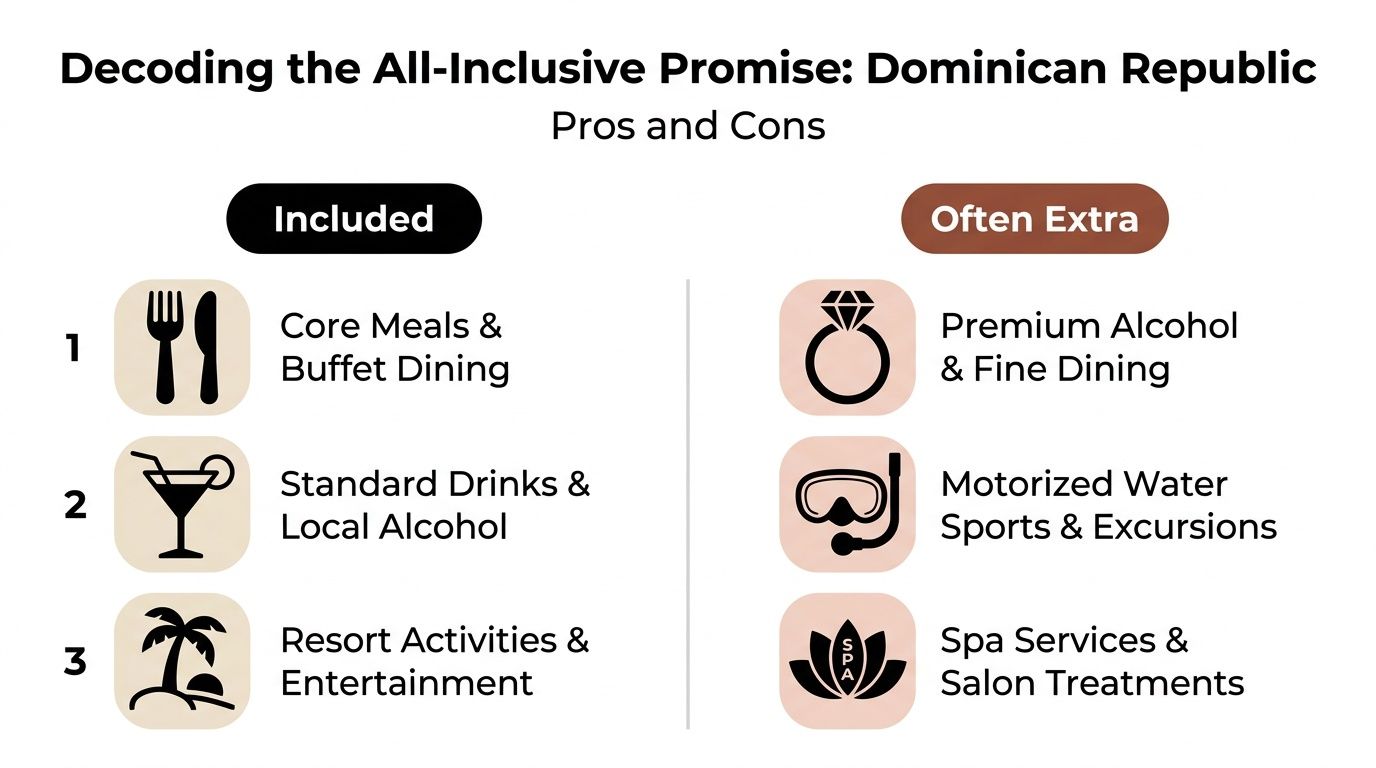A comparison chart outlining included and extra services for all-inclusive resorts in the Dominican Republic.