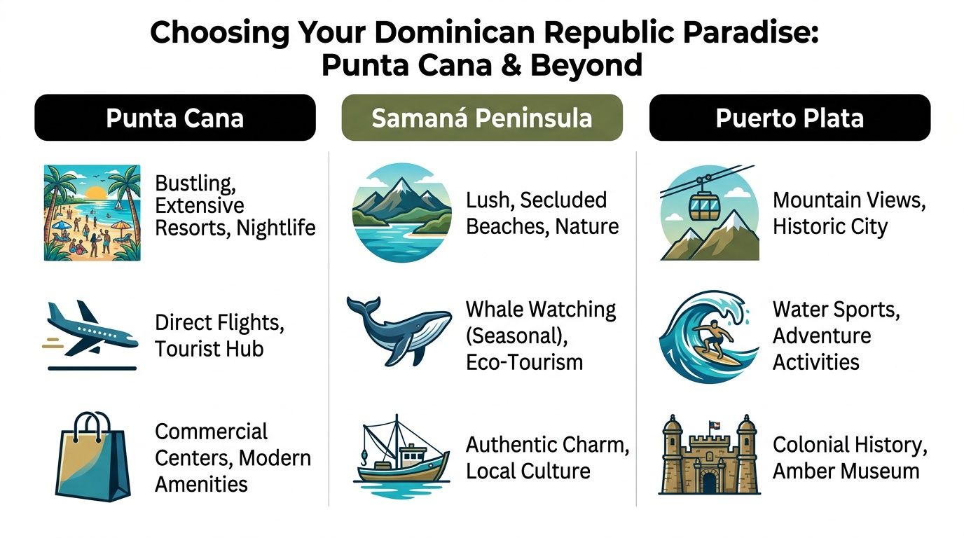 A comparison chart outlining travel highlights for Punta Cana, Samana Peninsula, and Puerto Plata in the Dominican Republic.