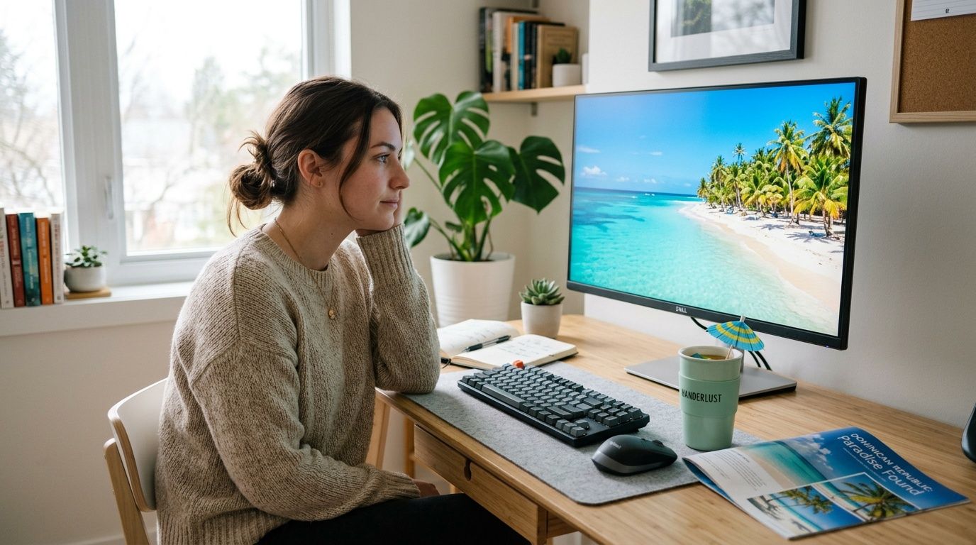 A young woman wearing a sweater sits at a desk looking at a tropical beach on her monitor.