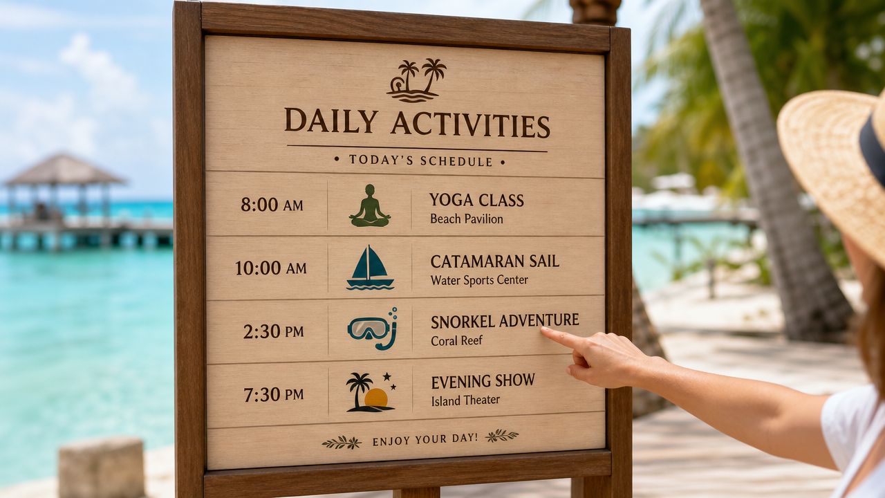 A person pointing at an activity schedule sign on a beautiful tropical beach at a resort.