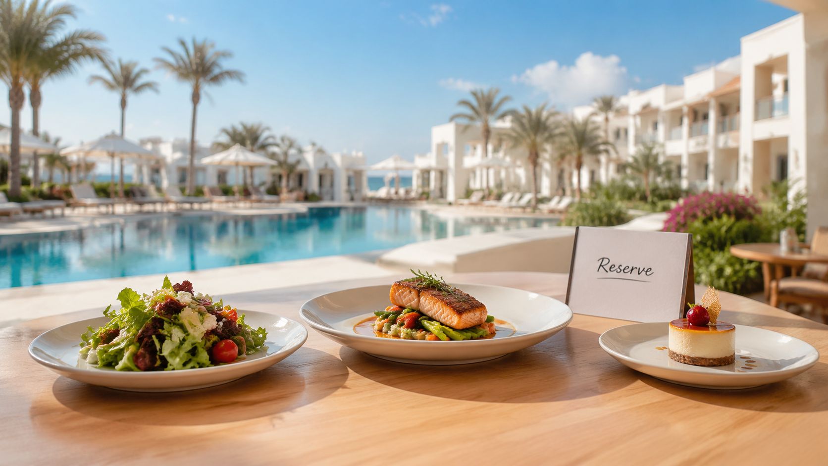 A sophisticated lunch spread featuring salad, salmon, and dessert at a luxury resort by the pool.