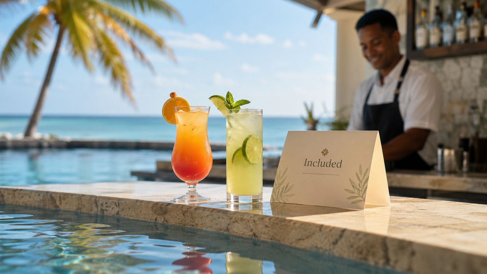 Two refreshing tropical cocktails sit on a pool bar edge at a sunny all inclusive resort.