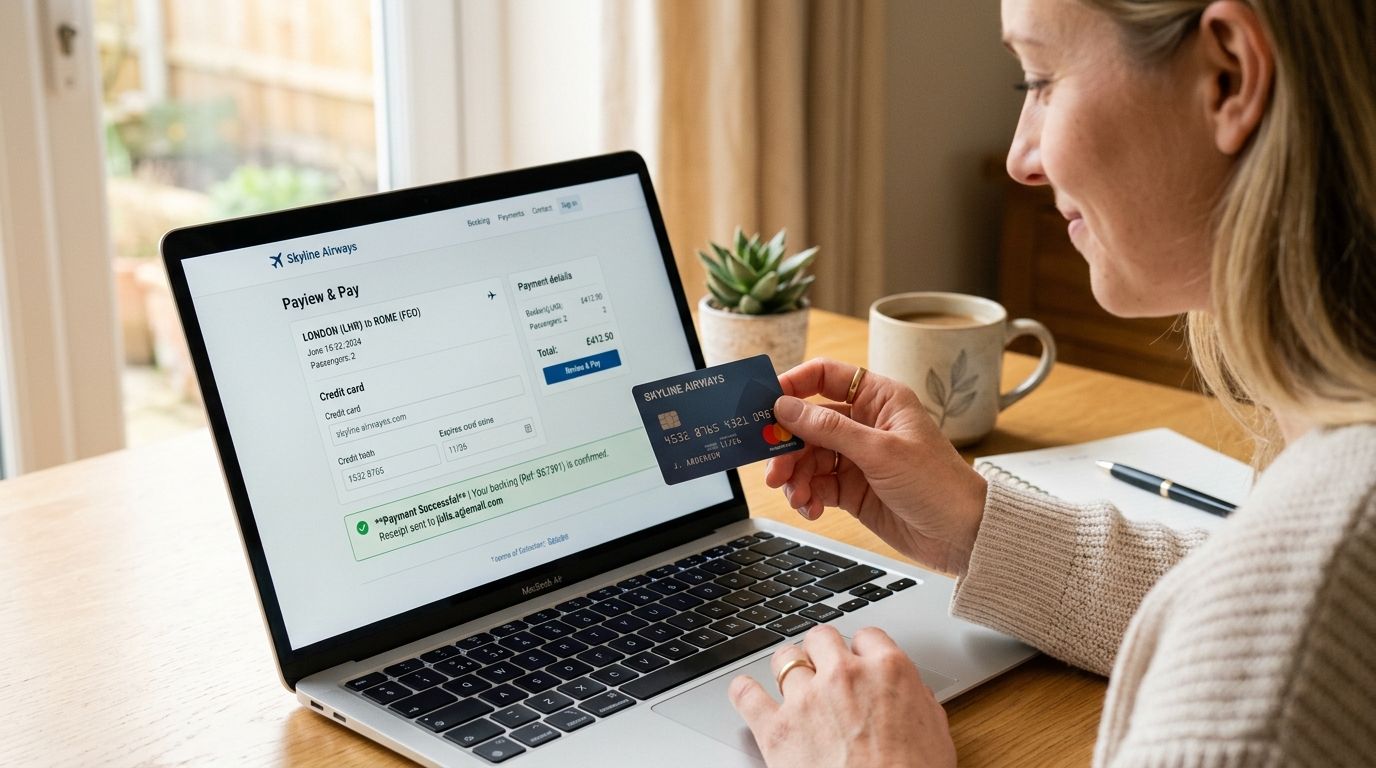 A woman using her laptop to book a flight online with a credit card at her desk.