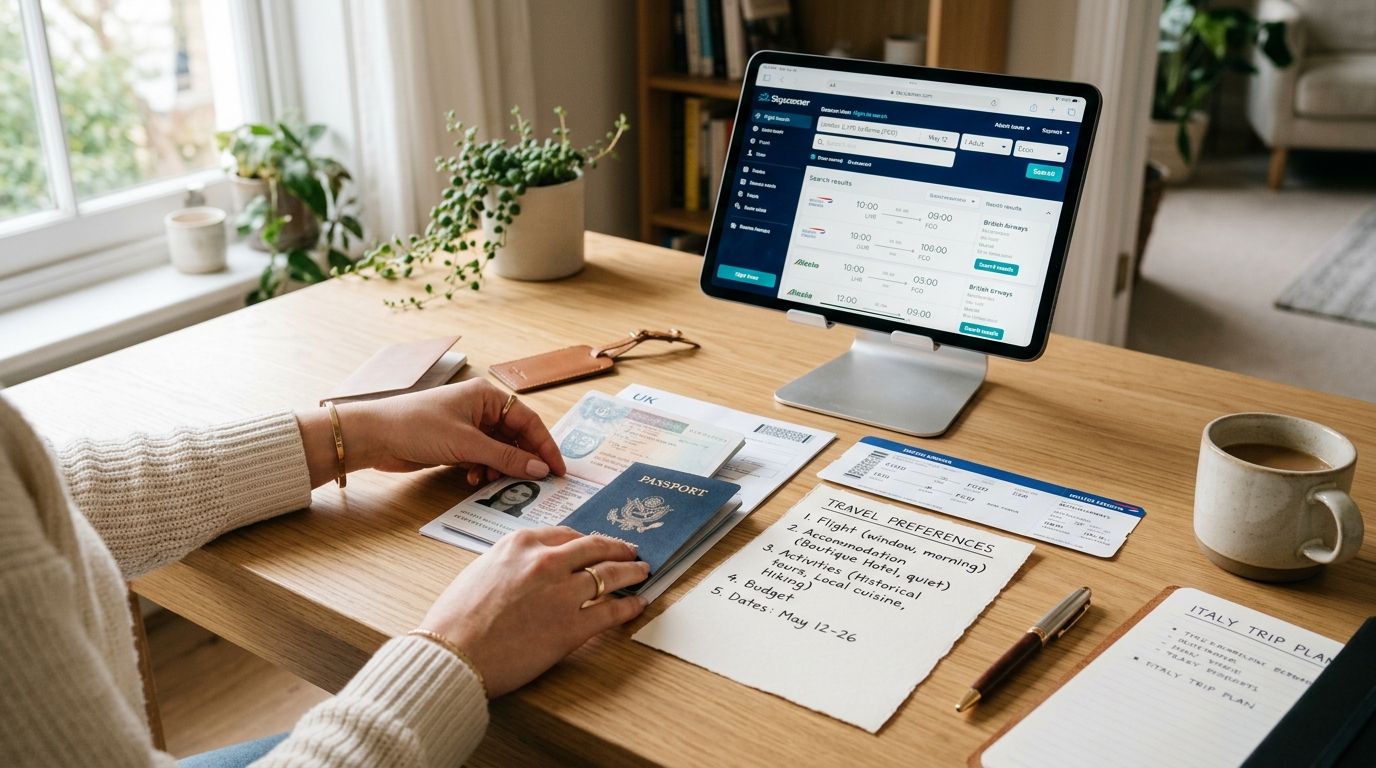 A woman planning a trip to Italy while holding her passport at a desk with travel documents.