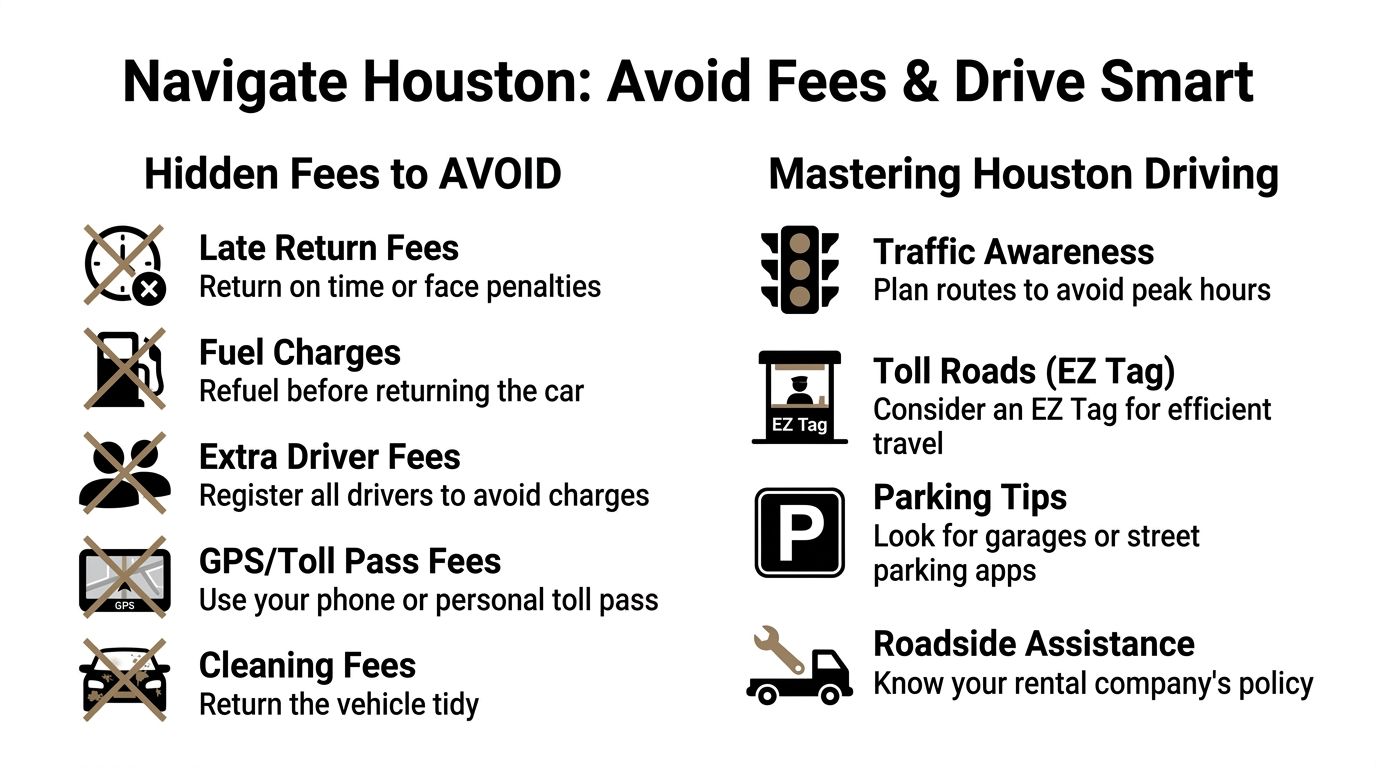A helpful infographic about avoiding hidden fees and mastering smart driving habits while renting cars in Houston.