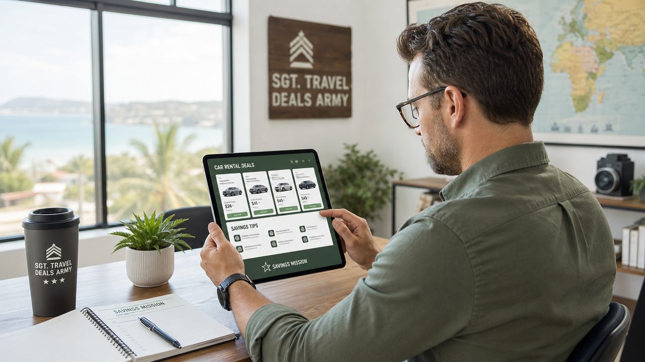 A man in a green shirt uses a tablet to browse car rental deals in his office.