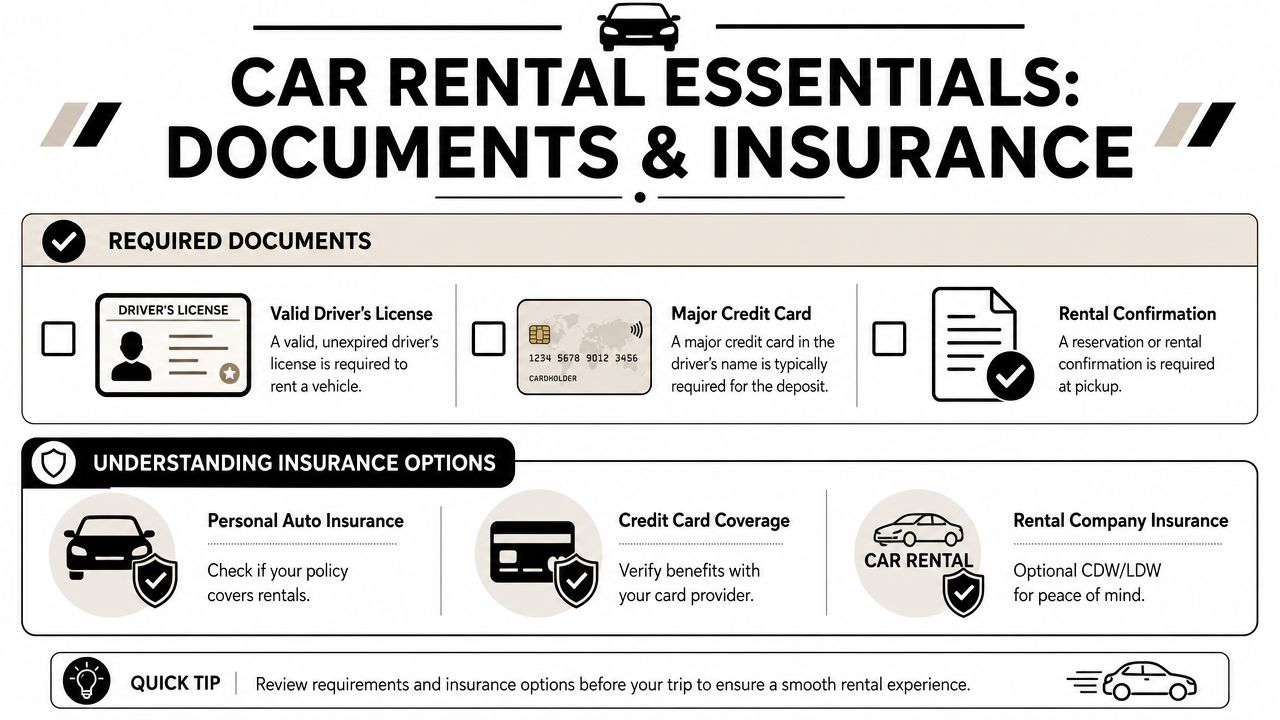 An infographic titled Car Rental Essentials highlighting required documents and various vehicle insurance options for renters.