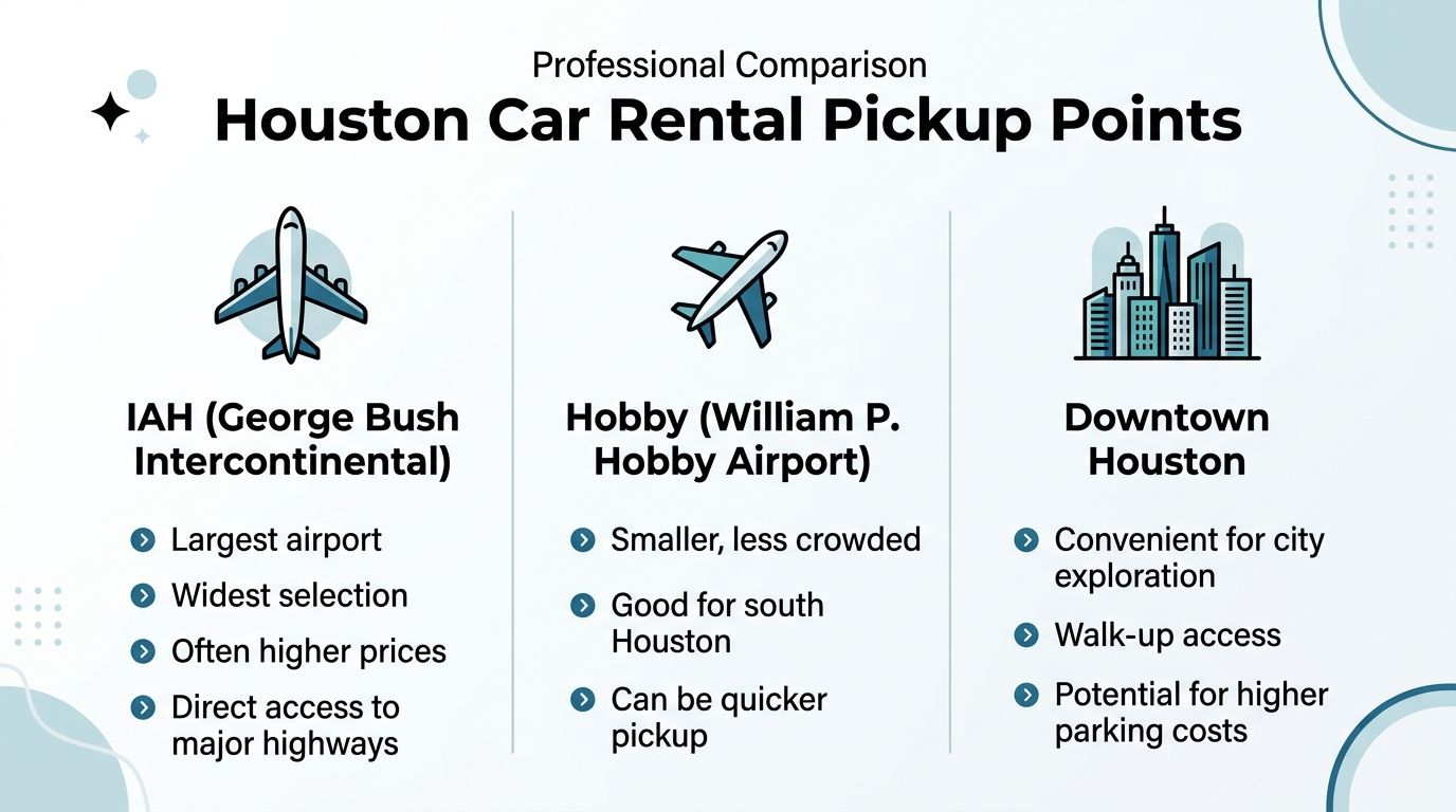 A professional comparison chart of car rental pickup locations in Houston including IAH, Hobby, and Downtown.