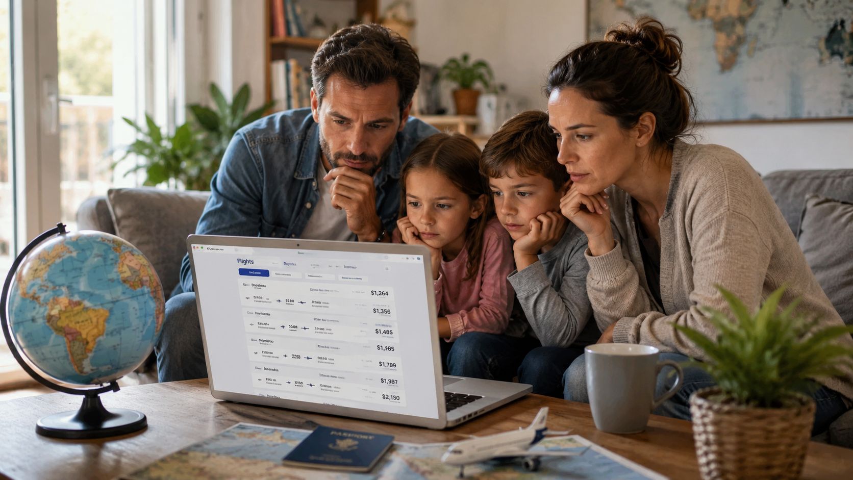 A family of four looking at flight deals on a laptop while planning a future family vacation.