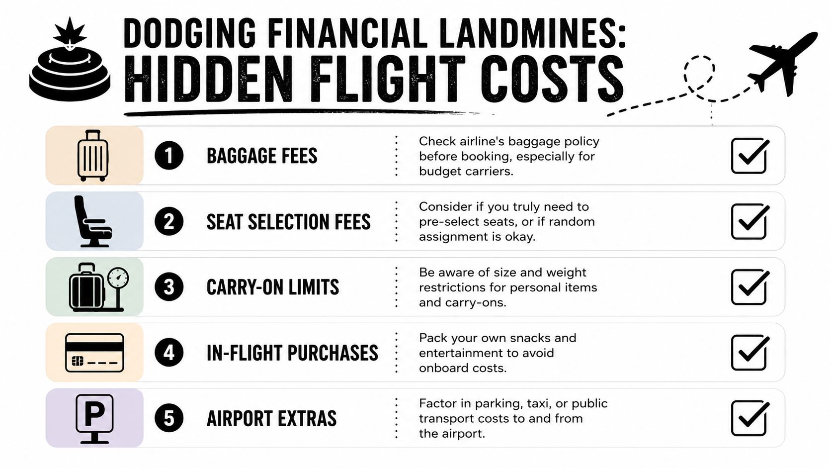 An infographic titled Dodging Financial Landmines outlining five hidden flight costs including baggage, seating, and extras.