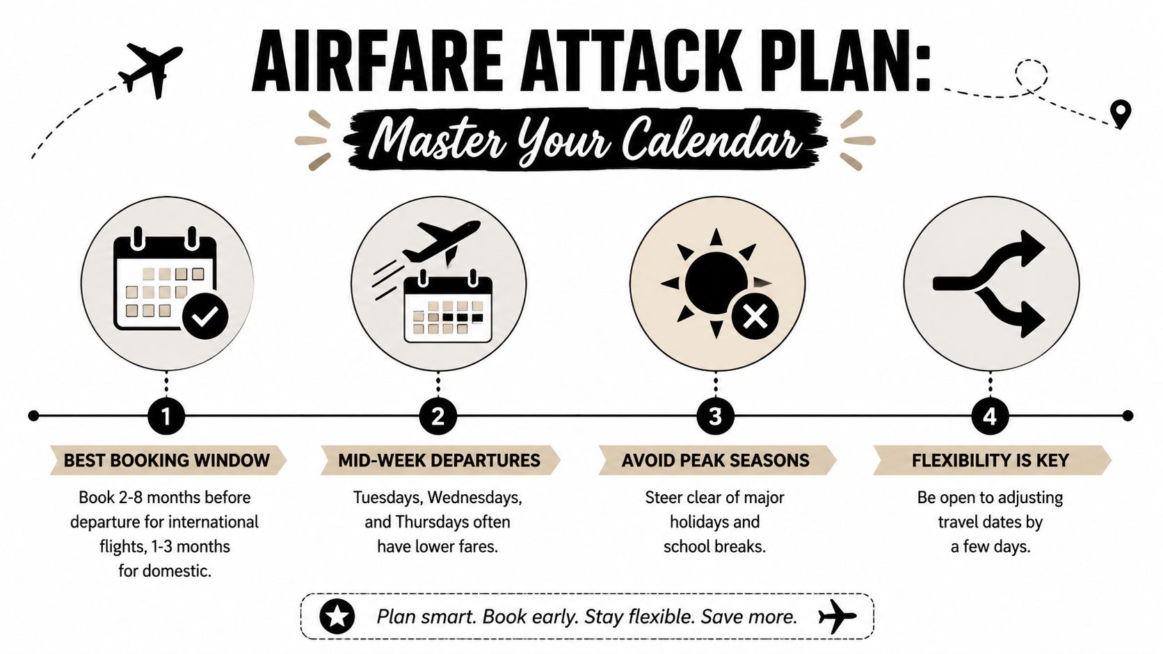 An infographic showing four steps to save money on airfare for families when booking flights.