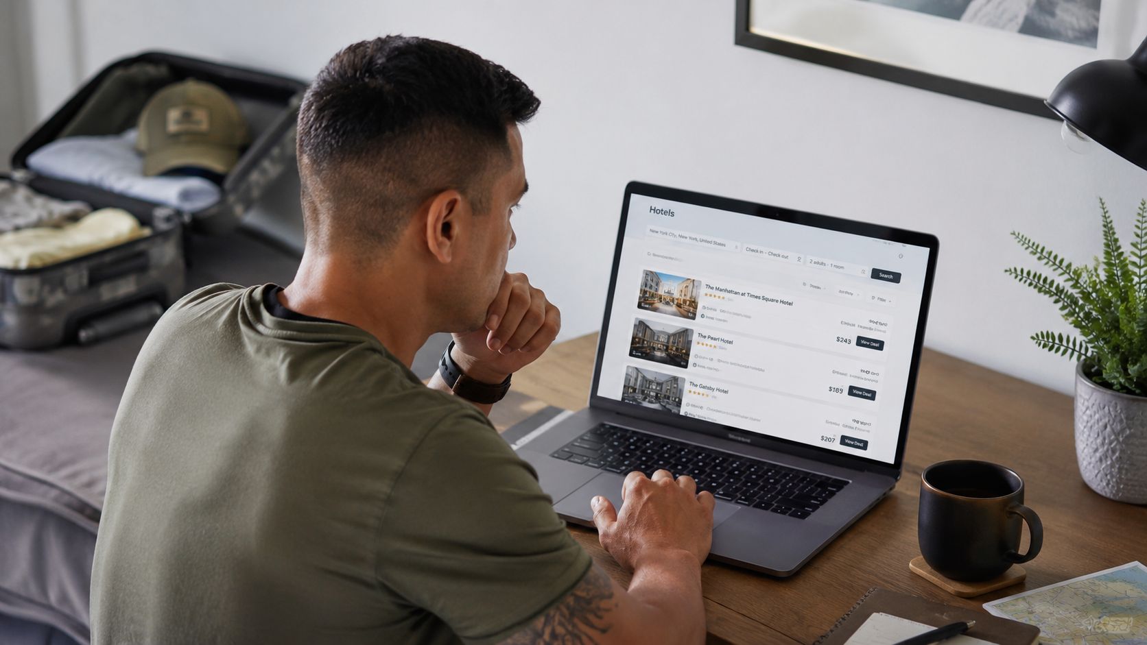 A man in a military green shirt searching for hotel room deals on his laptop at home.